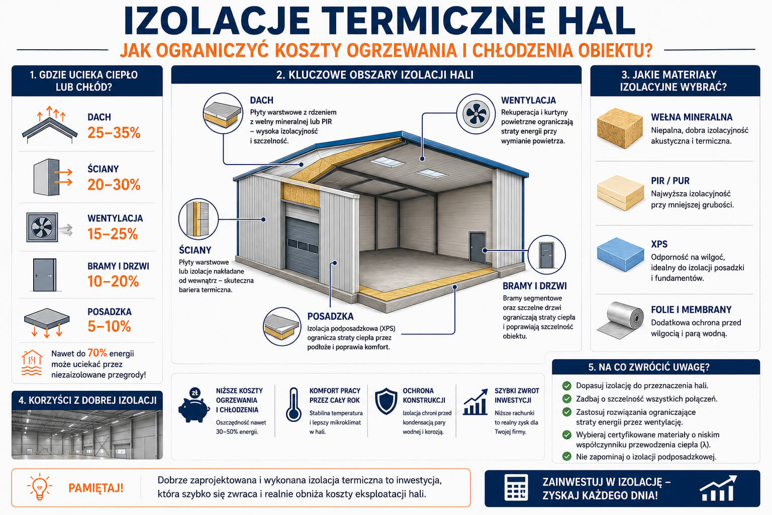 Infografika przedstawiająca najważniejsze elementy izolacji termicznej hal przemysłowych. Pokazuje miejsca największych strat ciepła, kluczowe obszary wymagające izolacji, rodzaje materiałów izolacyjnych oraz korzyści wynikające z ograniczenia kosztów ogrzewania i chłodzenia obiektu.